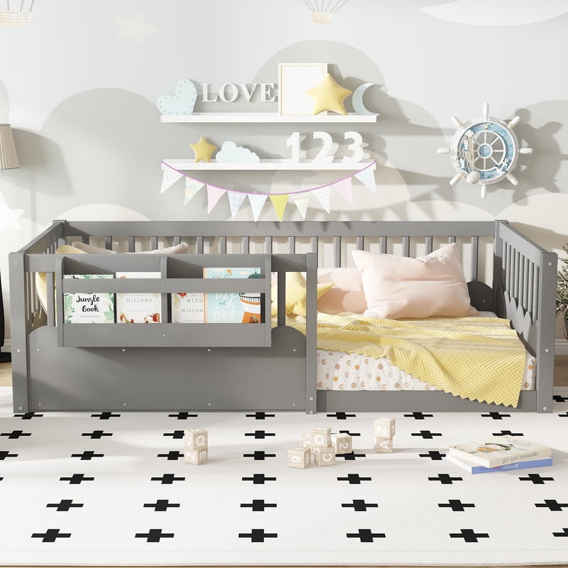 Twin Size Floor Bed with Heightened Fence, Kids Platform Bed Frame with No Slat, Montessori Storage Bed with Bookshelf