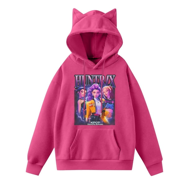 Pop cazadora para niña Demo-n Hunters Women's Fashion Hooded Sweatshirt Cat Ear Pullover Casual Streetwear Soft Comfortable Long Sleeve Tops for Daily Wear Spring Fall Winter (Hot Pink)