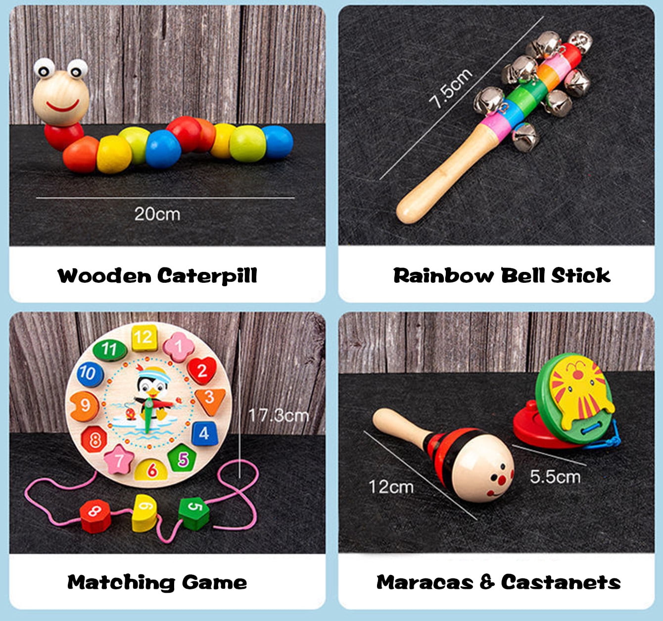 9-Piece Wooden Montessori-Inspired Learning Toy Set for Ages 3+, Musical Instruments, Shape Sorter, Stacking Rings, Bead Maze & Clock, Preschool Educational Activity Gift