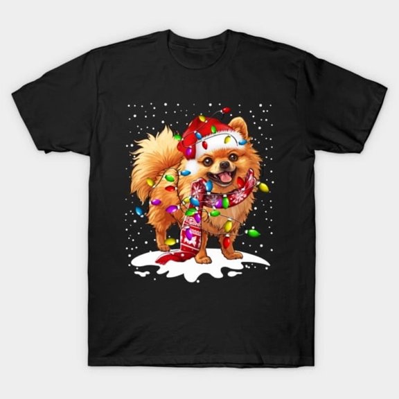 Funny Pomeranian Dog Lighting Xmas Pomeranian Christmas Holiday Artwork Print, H11121 T-Shirt, for Men and Women, Up to Size 5XL
