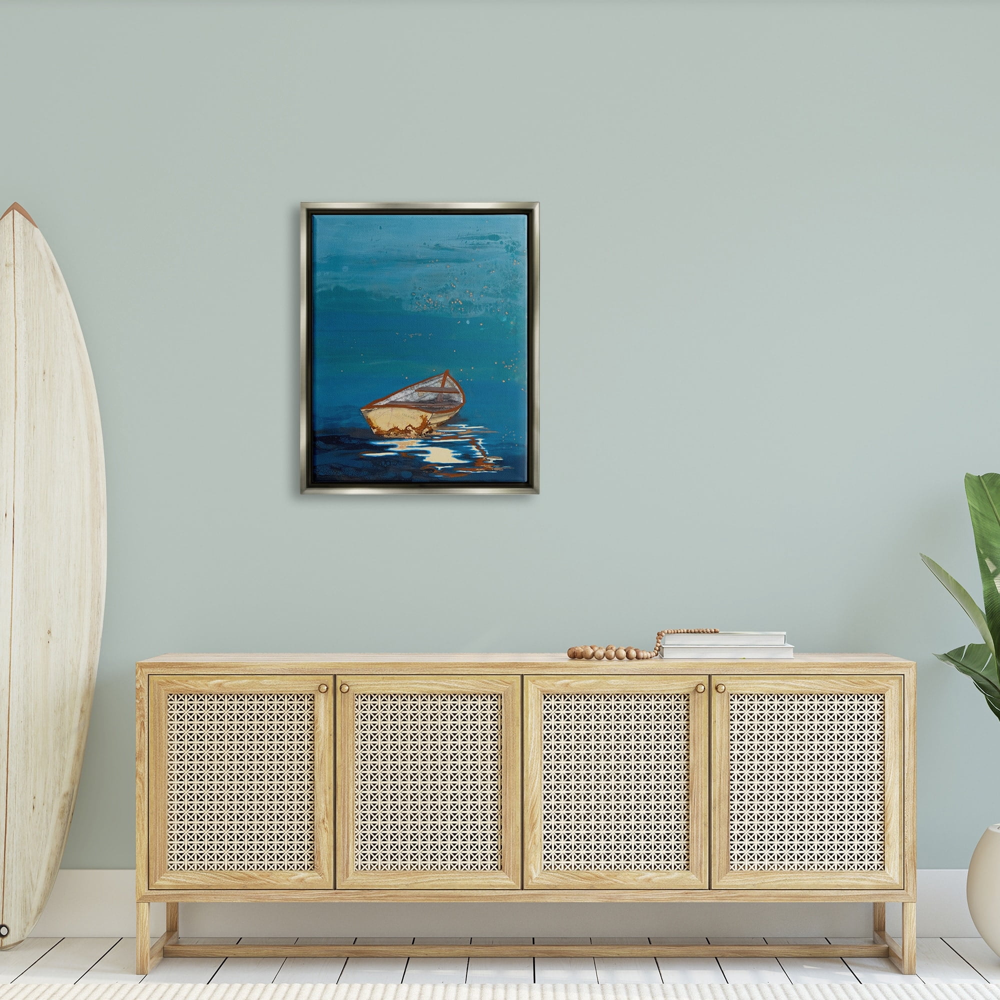 Stupell Industries Single Boat Ocean Surface Layered Marine Collage Painting Luster Gray Floating Framed Canvas Print Wall Art, Design by Stacy Gresell