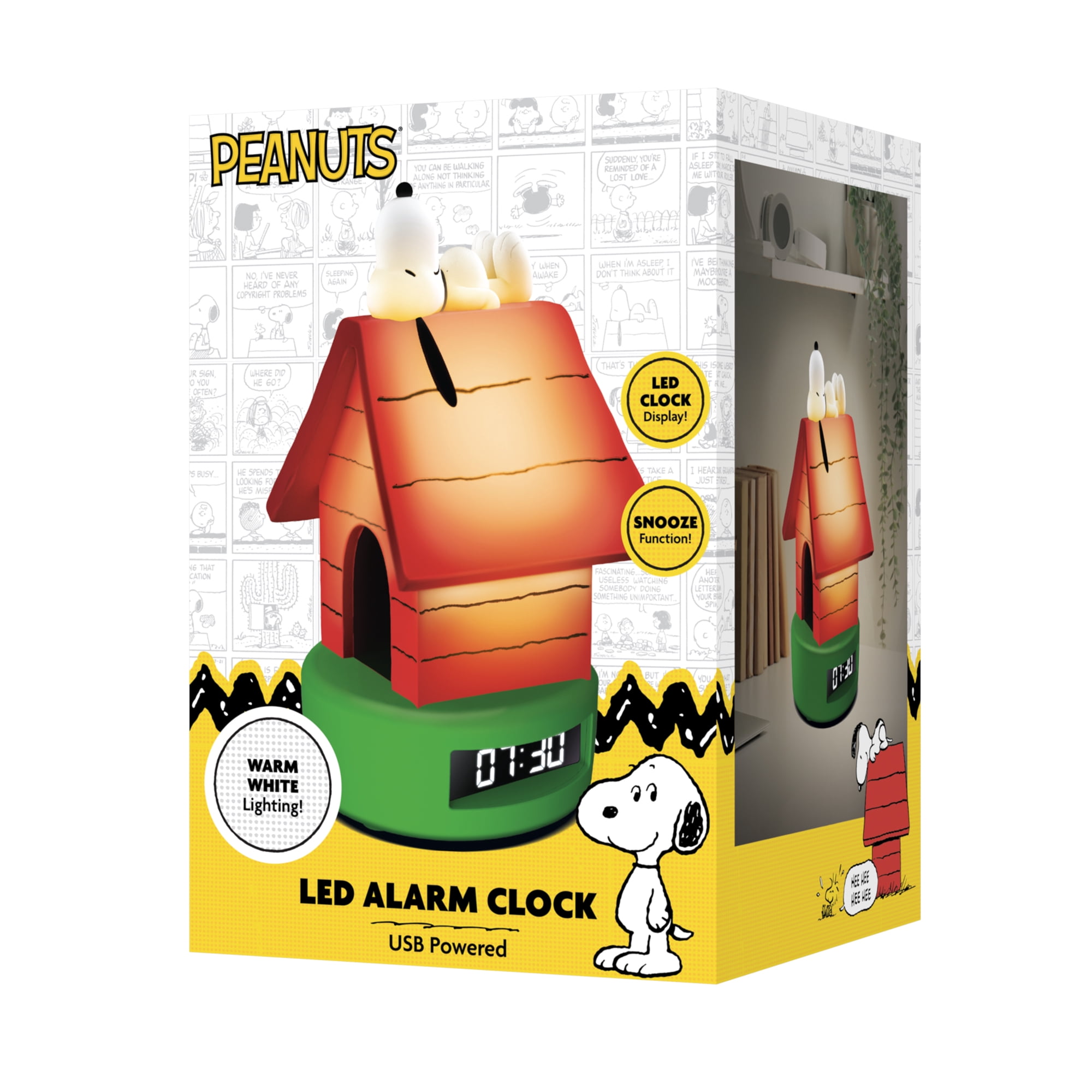 Peanuts Snoopy Doghouse LED Alarm Clock – Warm White Lighting, Digital Display, Snooze Function, USB Powered, Cute & Nostalgic Bedroom Décor