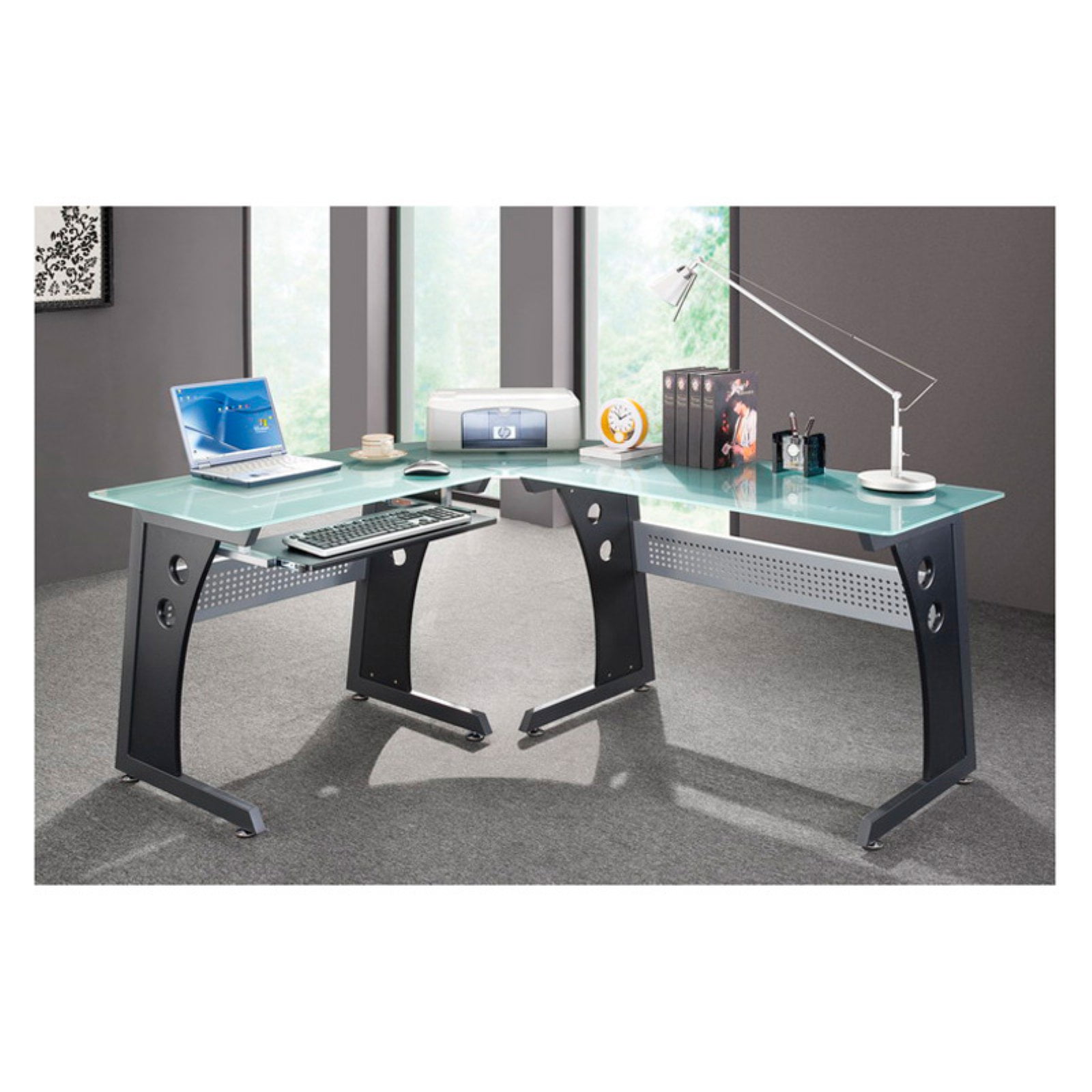 Techni Mobili LShaped Glass Top Computer Desk Graphite