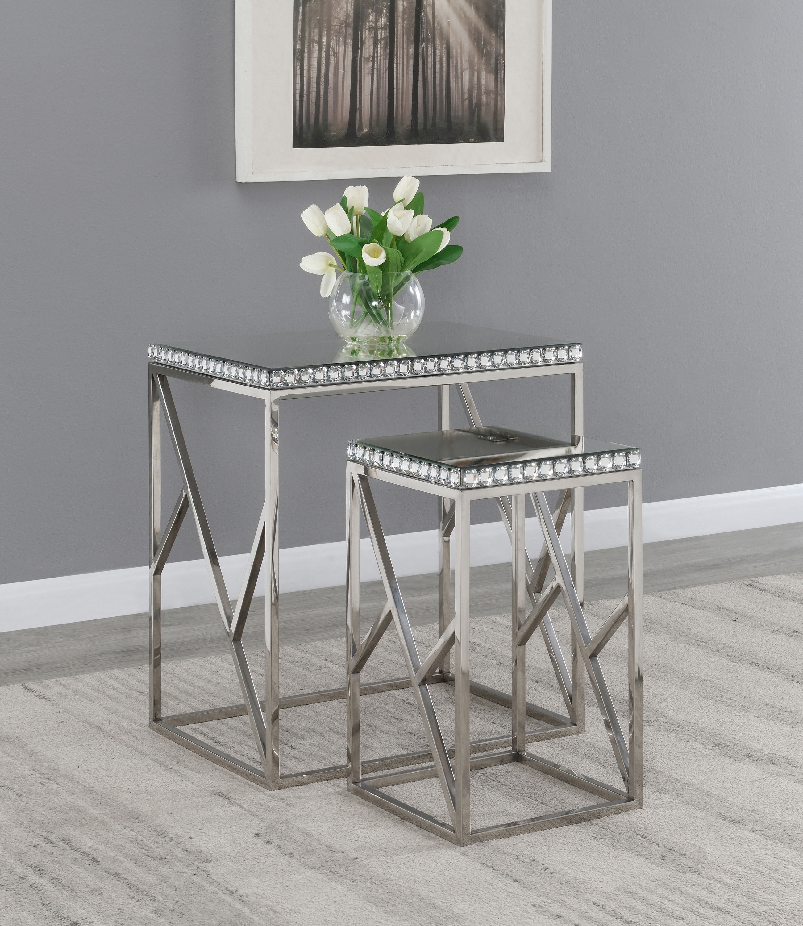 2piece Mirror Top Nesting Tables Silver