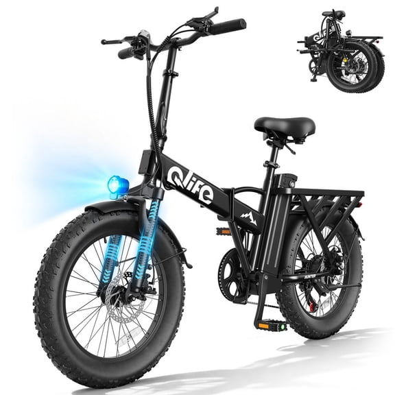 Qlife Hunter 20" Foldable Electric Bike Fat Tire for Adults, 48V 13.5Ah 500W, 28MPH 65Mi Max Range E Bike, 5-Speed Riding, Folding Electric Bicycle, Black