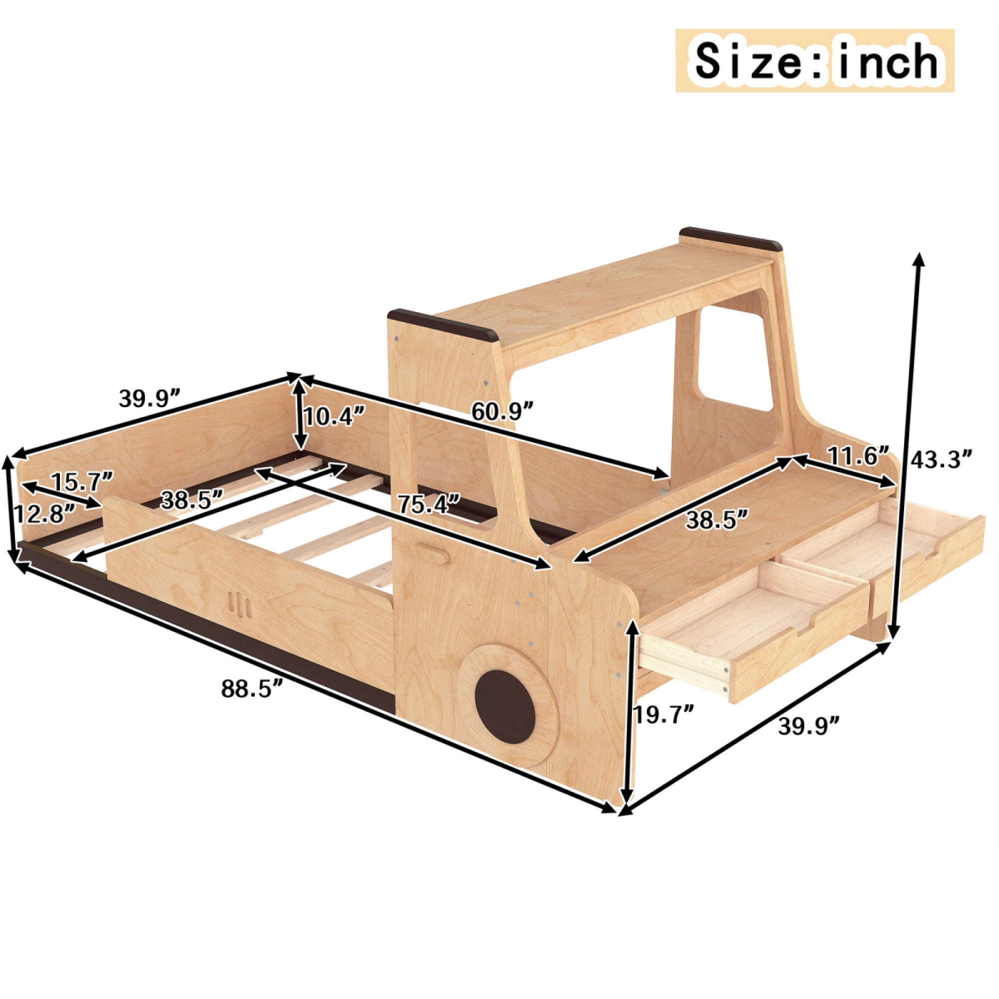 Twin Size Car-Shaped Floor Bed - with Storage Drawers, Window & Desk for Bedroom,Natural