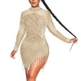 thumbnail image 3 of Elainilye Fashion Party Dresses for Women Nightclub Net Yarn Perspective Hot Drilling Fringe Round Neck Long Sleeve Dress,Beige, 3 of 9