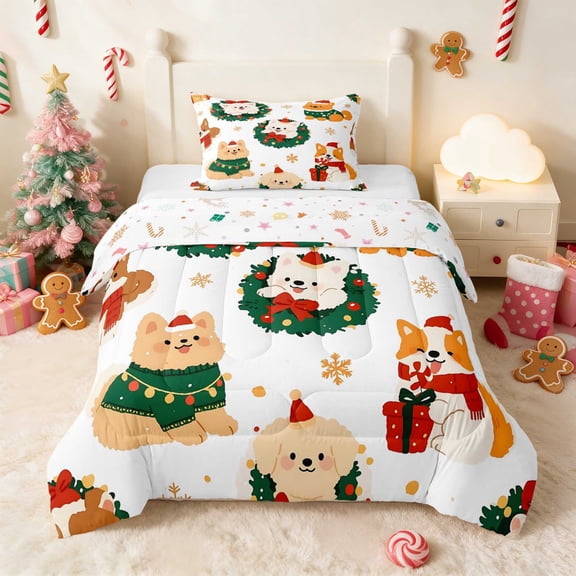 Manfei Dog Twin Comforter Sets Christmas Bedding Set, Pink Green 2 Pieces 1 Comforter and 1 Pillowcase, Xmas Reversible