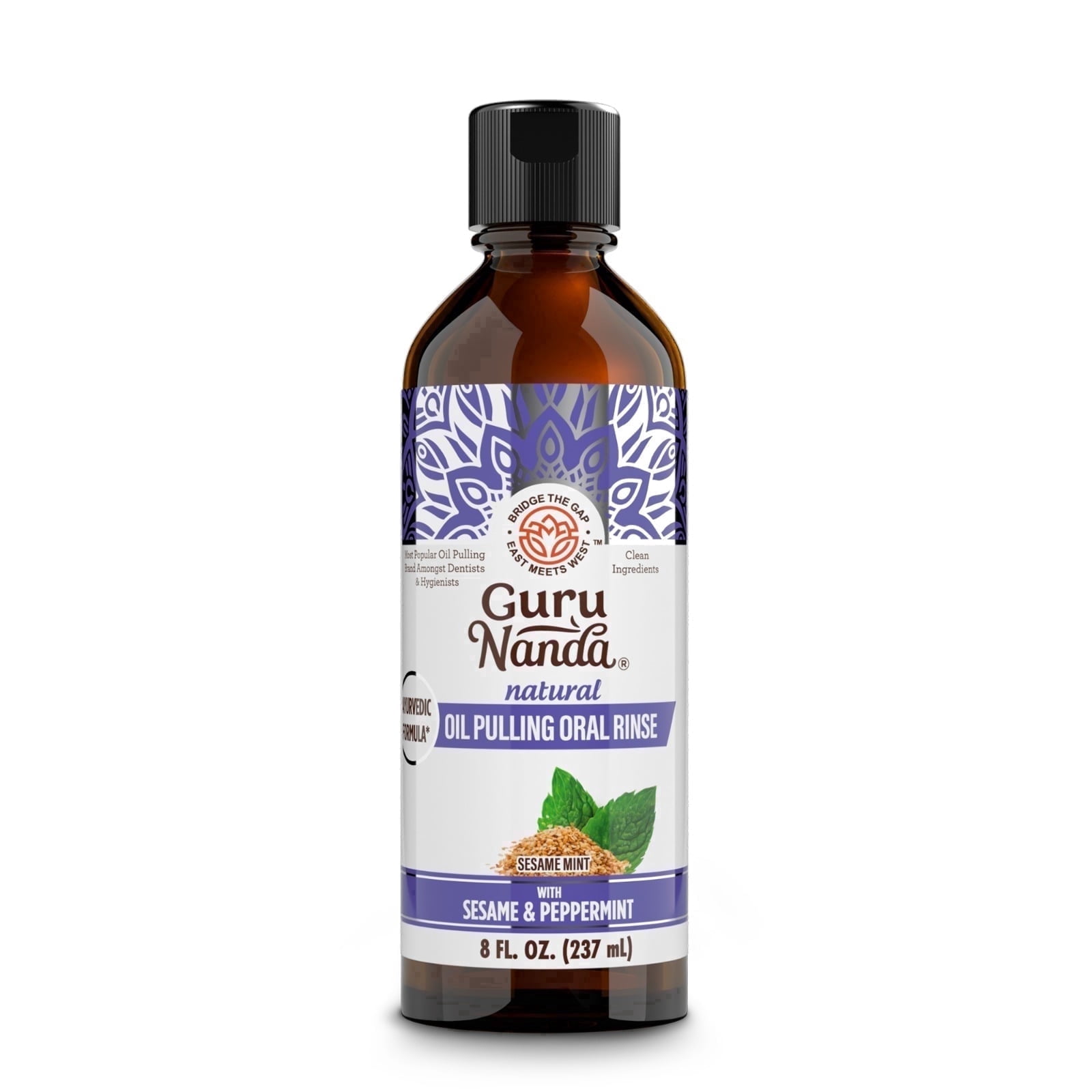 GuruNanda Sesame Mint Oil Pulling Mouthwash for Gentle & Natural Oral Care, Pure Sesame & Mint Extracts, Unflavored, Odorless, & Colorless, Alcohol-Free, 8 fl oz