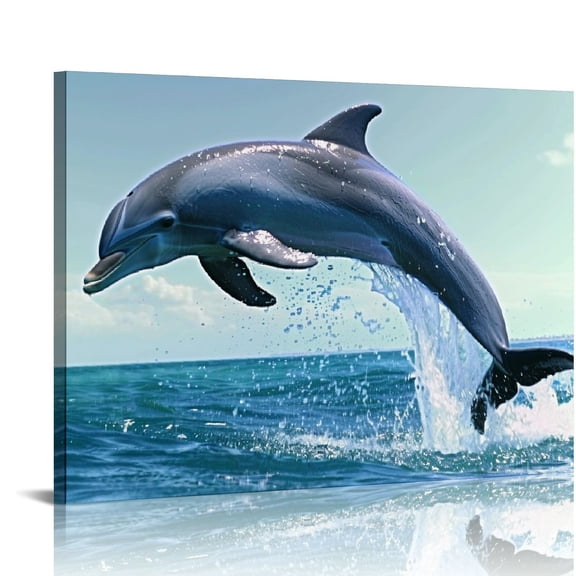 JRXY  Dolphin Decor Ocean Jumping Dolphin Picture Canvas Wall Art Bathroom Living Room Ocean Theme Wall Decor Framed 20x16in