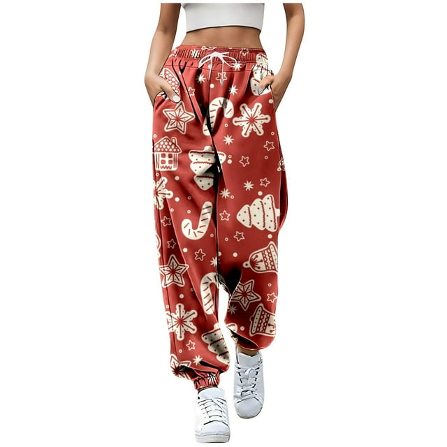 Pantalon de Noël pour Femmes Pantalon de Jogging avec Béquille de Noël Confortable et Ample Taille Haute avec Poches