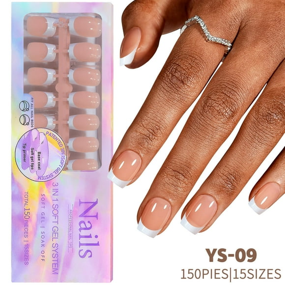 French Tip Gel Nails, 150pcs Brown Short Coffin Gel Nail Tips, French Tip Press On Nails, 3 in 1 X-coat Tips Pre-applied Tip Primer & Base Coat