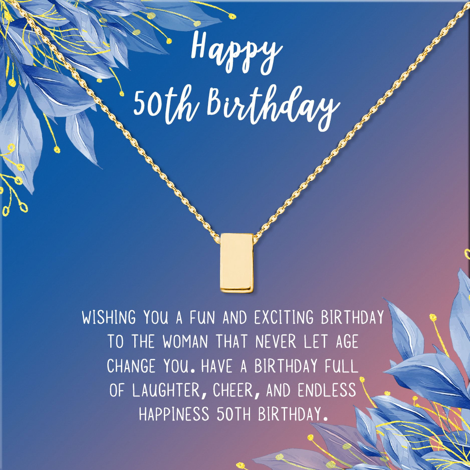 Anavia Happy 50st Birthday Gifts Stainless Steel Fashion Necklace Birthday Card Jewelry Gift for Her, Birthday Gift for Grandma-[Gold Cube, Blue-Orange Gift Card]