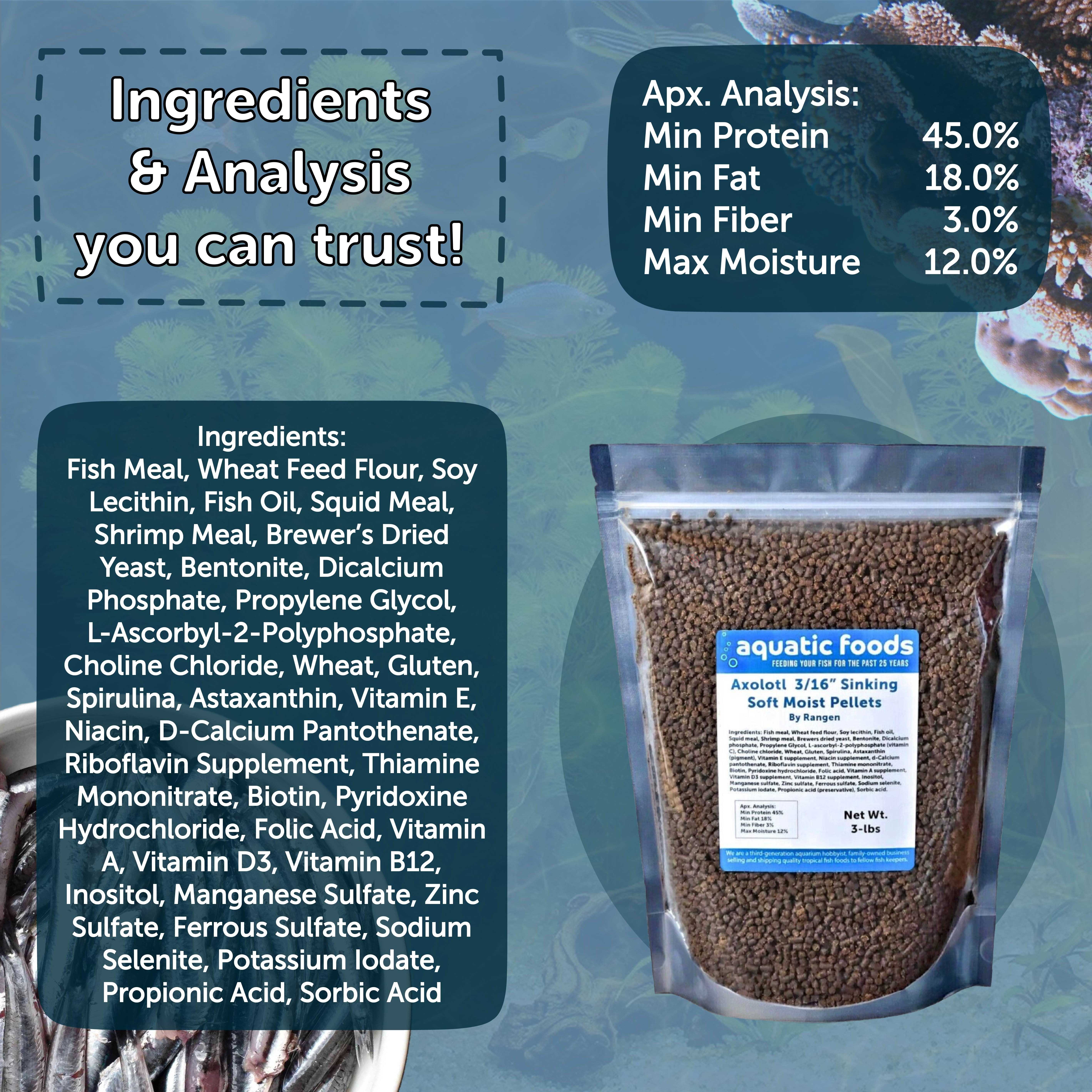 Aquatic Foods 3/16" Rangen's Soft Moist Sinking Pellets for Axolotls, Salamanders, Shrimp & ALL Tropical Fish - 10-lbs