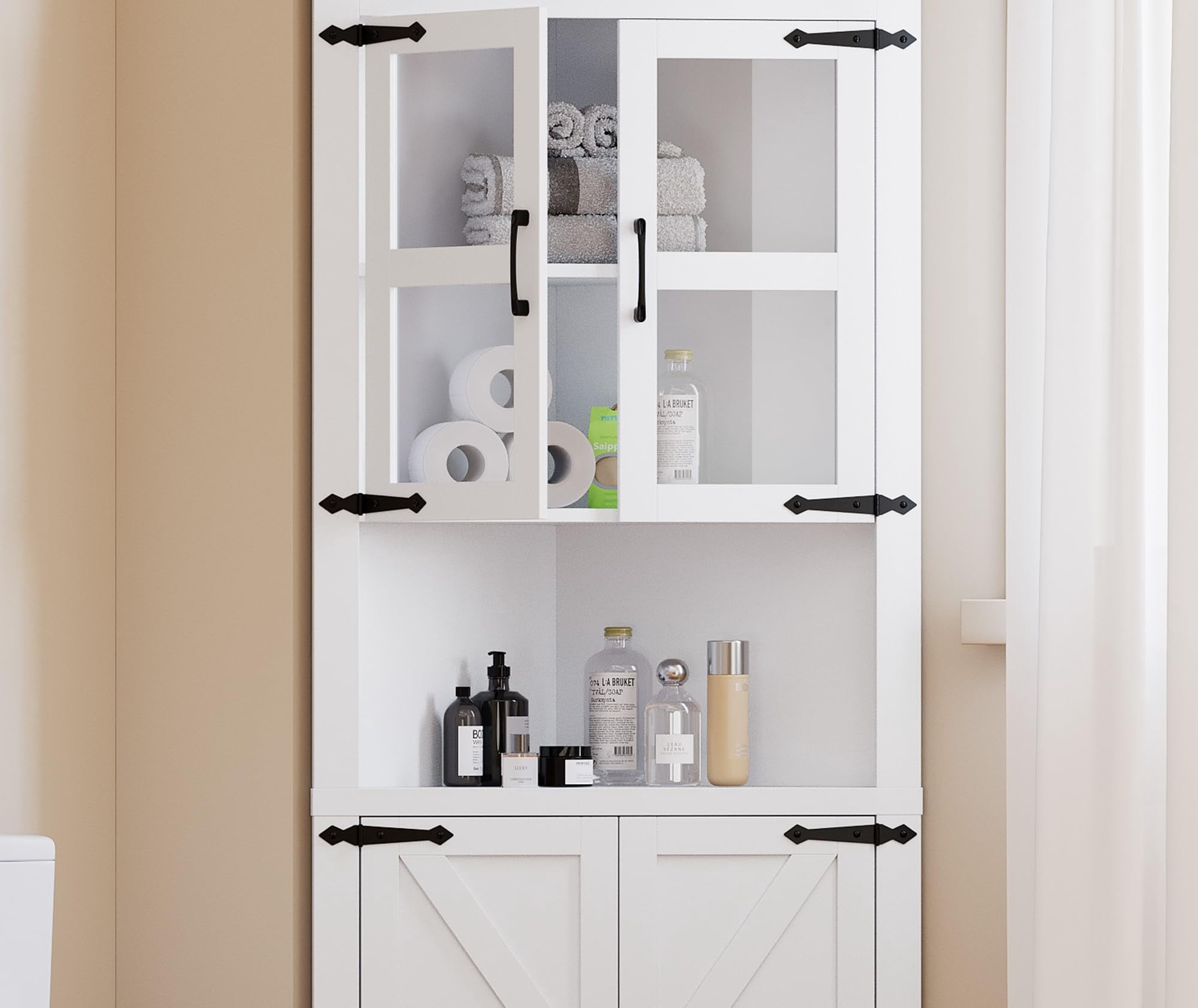 Farmhouse Corner Cabinet, Tall Corner Cabinet with Barn Door & Adjustable Shelves, Corner Storage Cabinet for Living Room, Kitchen, Bathroom