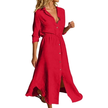 DGMIOCS Women s Shirt Dress with Drawstring Waist and Turn-Down Collar Versatile Pure Color Tunic Dress for Women Red XXXXL