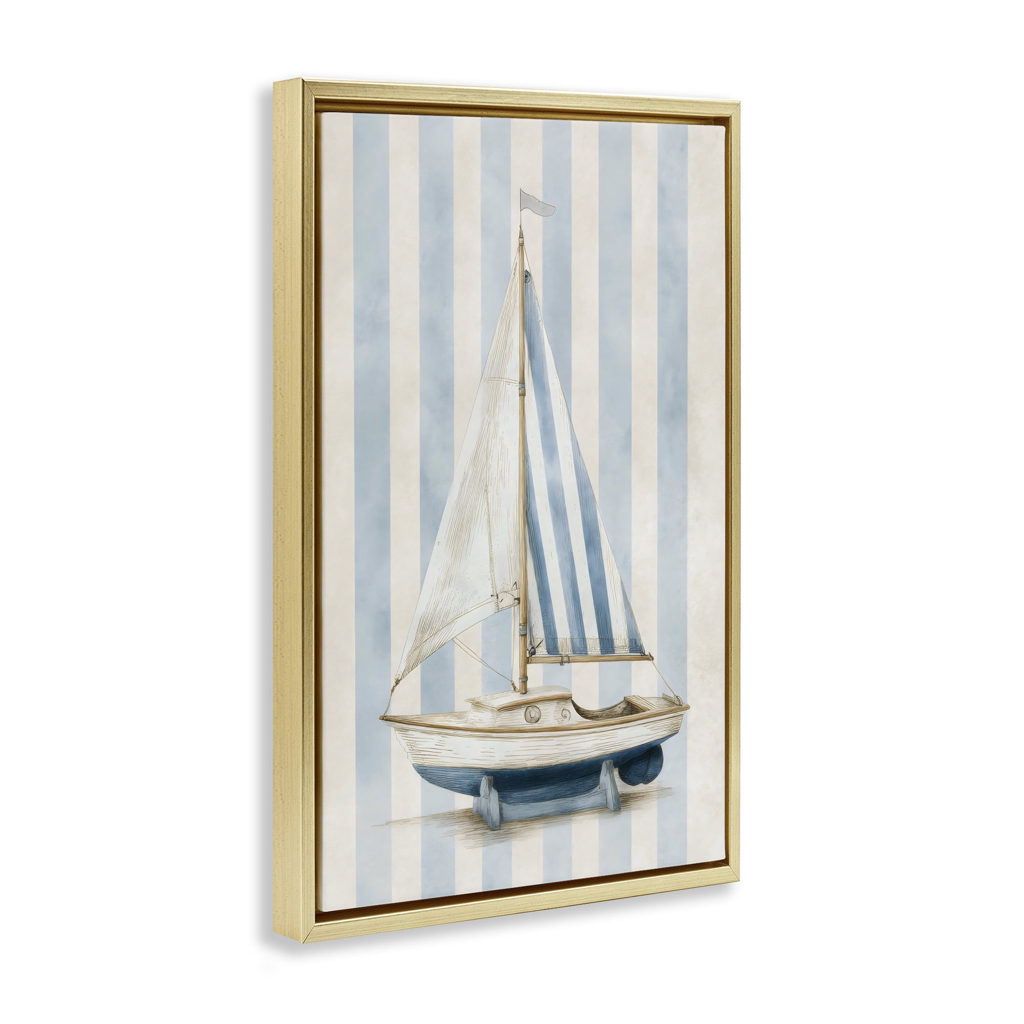 Stupell Industries Seaside Stripes Sailboat Gold Framed Floater Canvas Wall Art, design by Petal Prints Design
