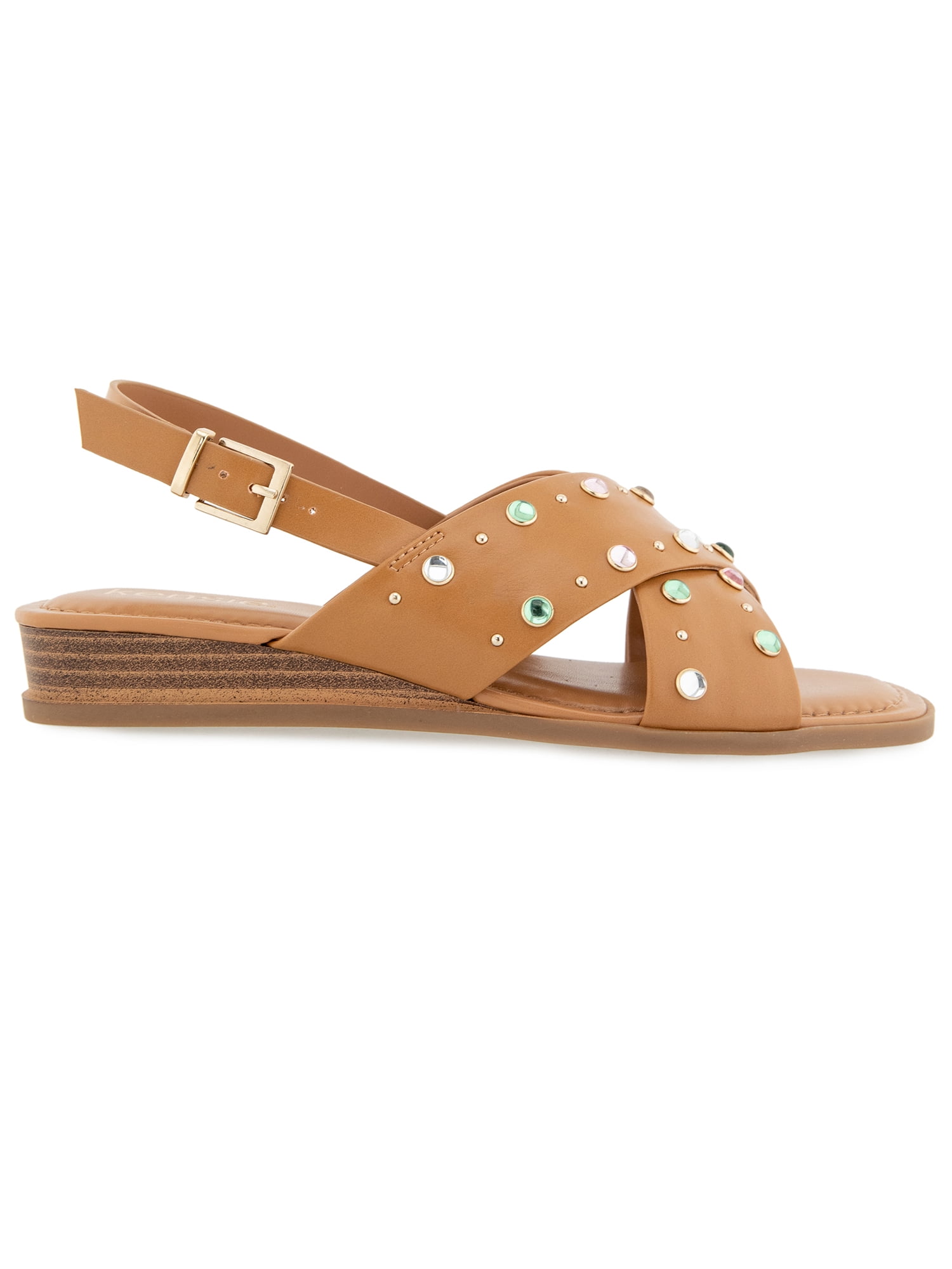 Kensie Women's Alishia Gem Crossband Wedge Flat Sandal