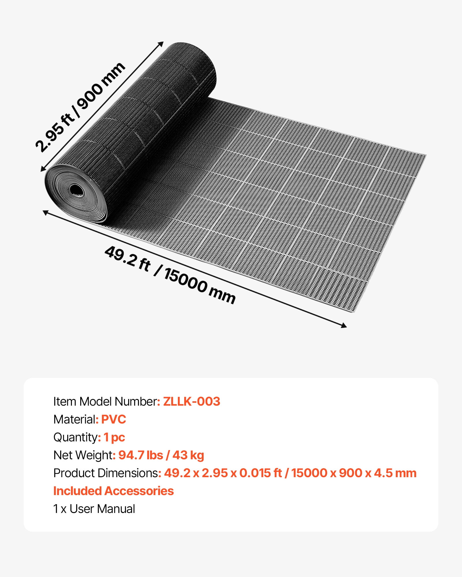 VEVOR Drainage Mat, 3 x 50 ft, PVC Non Slip Commercial Floor Mat, Wet Area Water Drain Splash Matting Hollow Doormat Roll, for Outdoor Indoor Restaurant Swimming Pool Patio Bathroom Washroom, Black