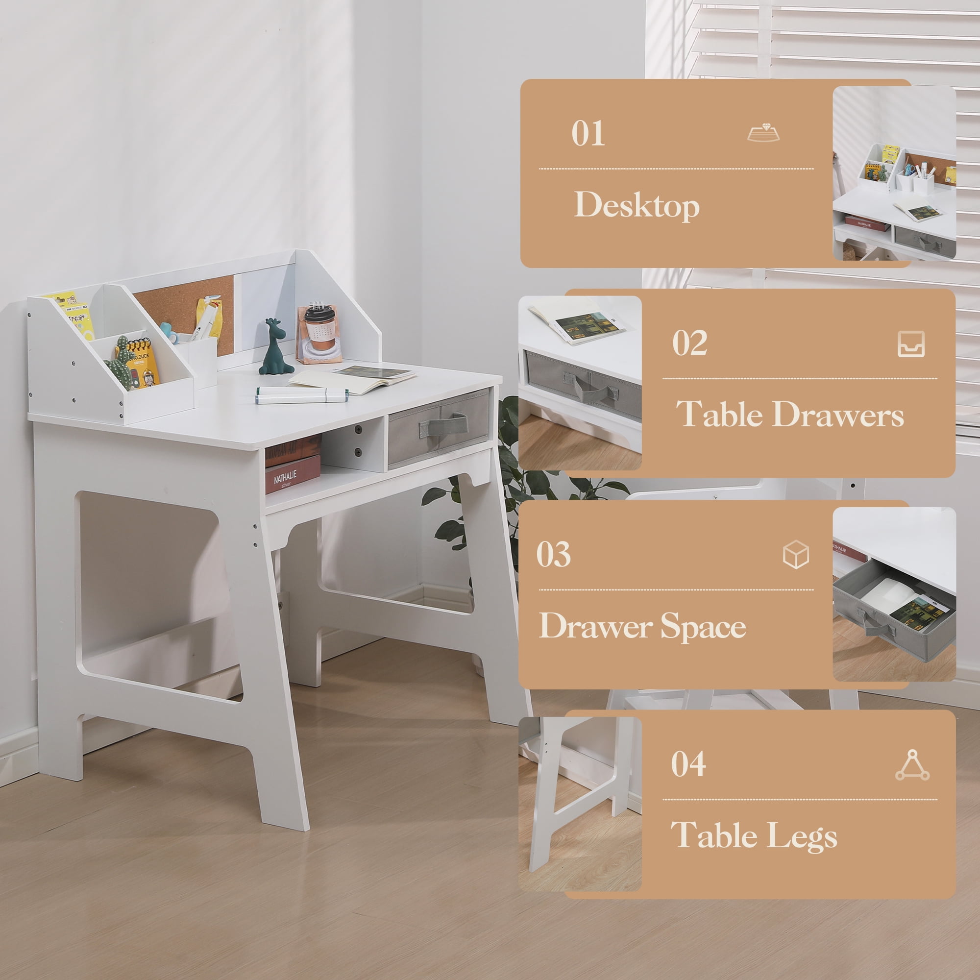 Kids Study Desk and Chair Set, Wood Kids Writing Table with Storage, Kids Activity Table with Bookshelf, Bulletin Board, Computer Desk for Boys and Girls
