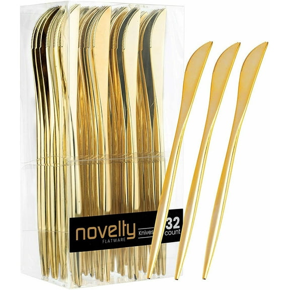 Novelty Modern Flatware Cutlery Disposable Dessert Plastic Gold Knives 32 Pieces