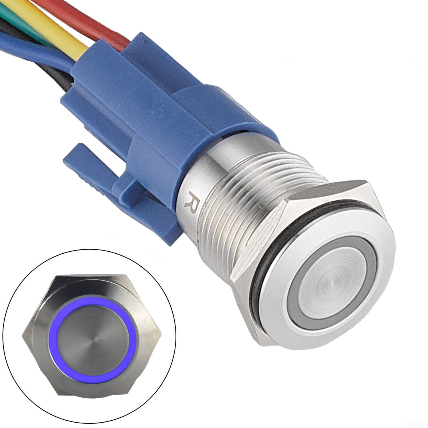 Blue LED 16mm DC12V 5Pin stainless Steel Round Latching Push Button Switch 