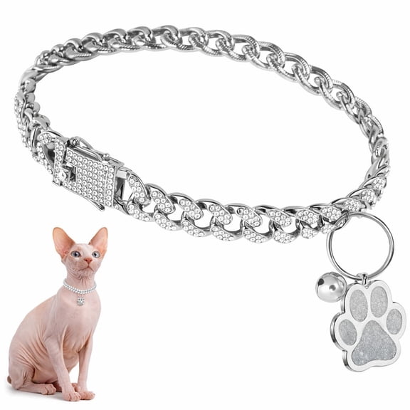 Lsupdaol Cat Collar Diamond Chain Glitter Collar Walking Metal with Secure Buckle Cat Pet Necklace with Paw Charm and ID Tag Bell Link Cuban Jewelry Accessories