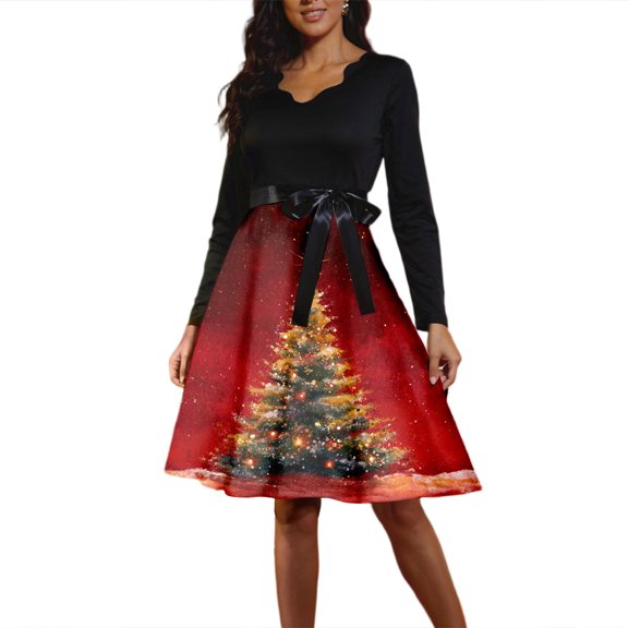 Women's Fashion Round Casual Slim Fit Christmas Print Large Swing Long Sleeve Dress, V-Neck, Holiday Print, Retro Style, Party Wear, Flare Hem,Wine,M