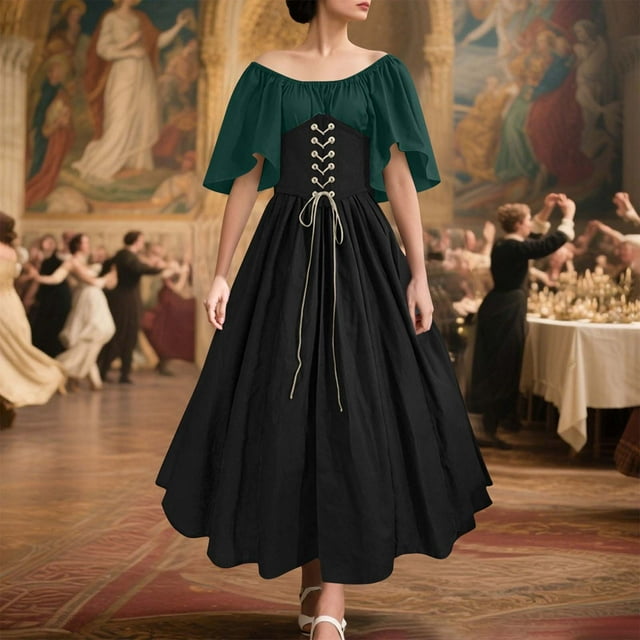 Wzzjkit Chemises à Manches Longues pour Femmes Robe Médiévale Contrastée à Manches Volantes avec Ceinture Robe à une Épaule