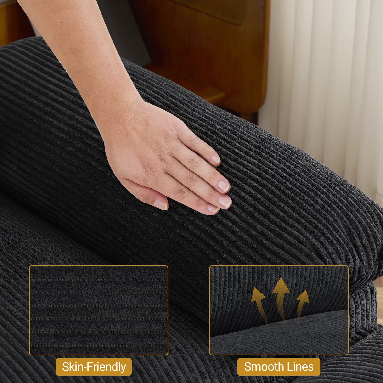 Zimtown 90“ Sofa Bed Couch with Pillow Arms and Double Layer Cushions, Corduroy Loveseat Sofa with Removable Ottoman for Living Room, Black