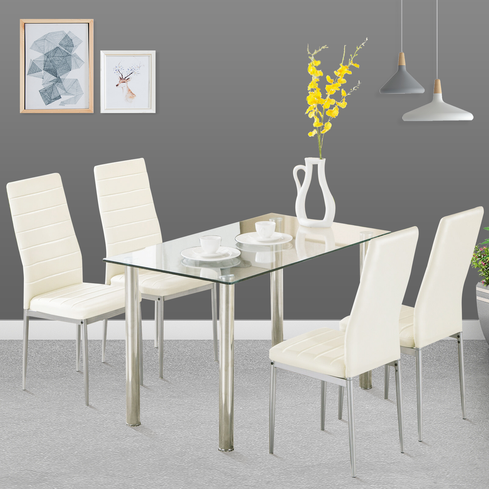 Buy Mecor 5 Piece Dining Table Set Tempered Glass Top Dinette Sets With 4 Pu Leather Chairs For Dining Room Kitchen Furniture Breakfast