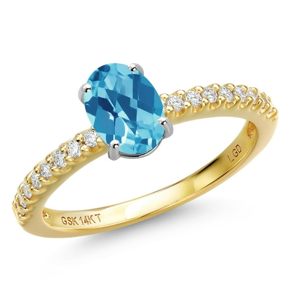 Gem Stone King 14K Two Tone Gold Swiss Blue Topaz and Lab Grown Diamond Engagement Ring for Women | 1.16 Cttw | Oval Checkerboard 7X5MM | Gemstone November Birthstone | Size 5