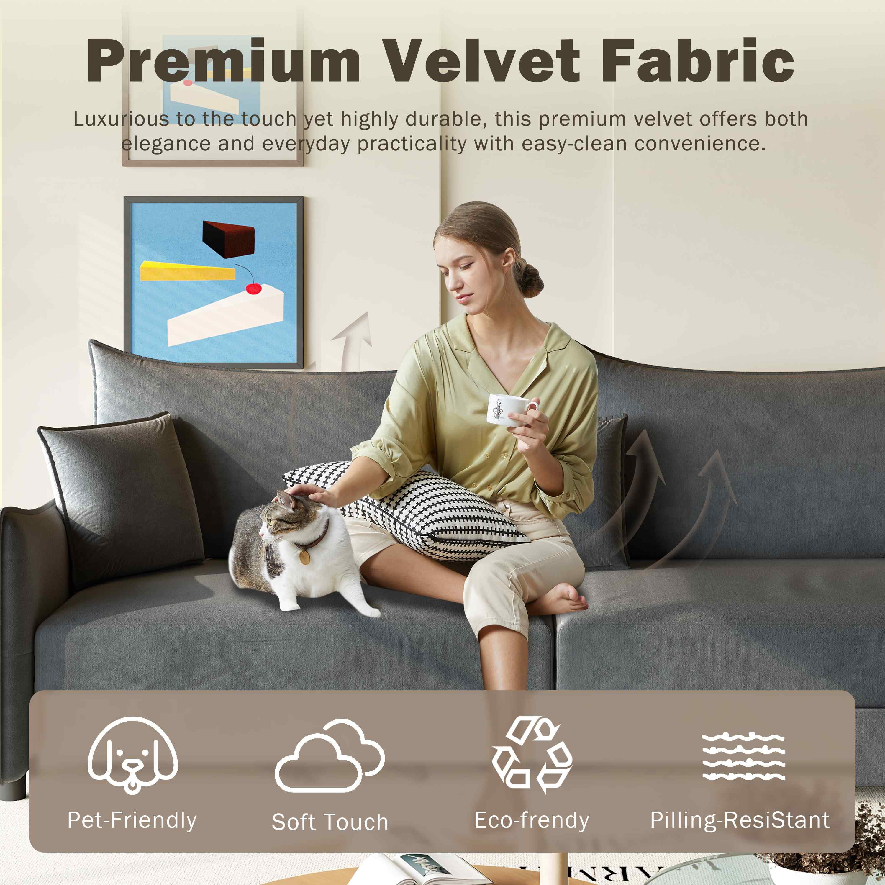 FFH 81.9" Sofa Bed King, 3 in 1 Convertible Sleeper Sofa, Pull Out Sofa Bed with 3 Pillows, Modern Velvet 3-Seater Couch for Living Room, Gray