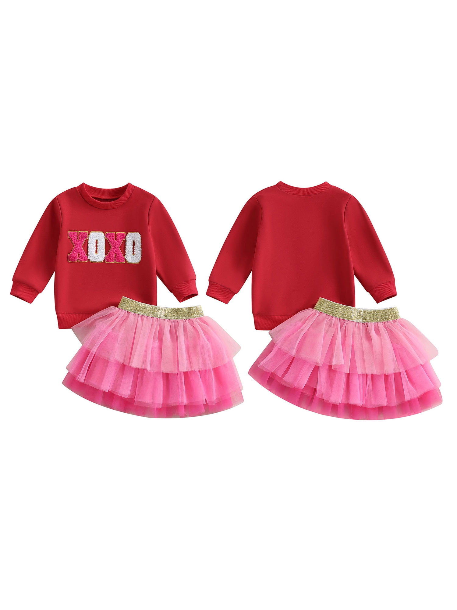 Jxzom Toddler Baby Girl Valentines Outfit XOXO Letter Embroidery Long Sleeve Sweatshirt Tops and Tulle Tutu Skirts Set 1-6 Years Cute Valentines Clothes