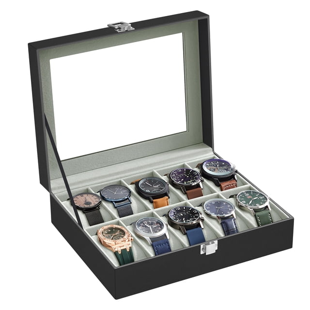 SONGMICS Caja de reloj con tapa de cristal y 10 compartimentos