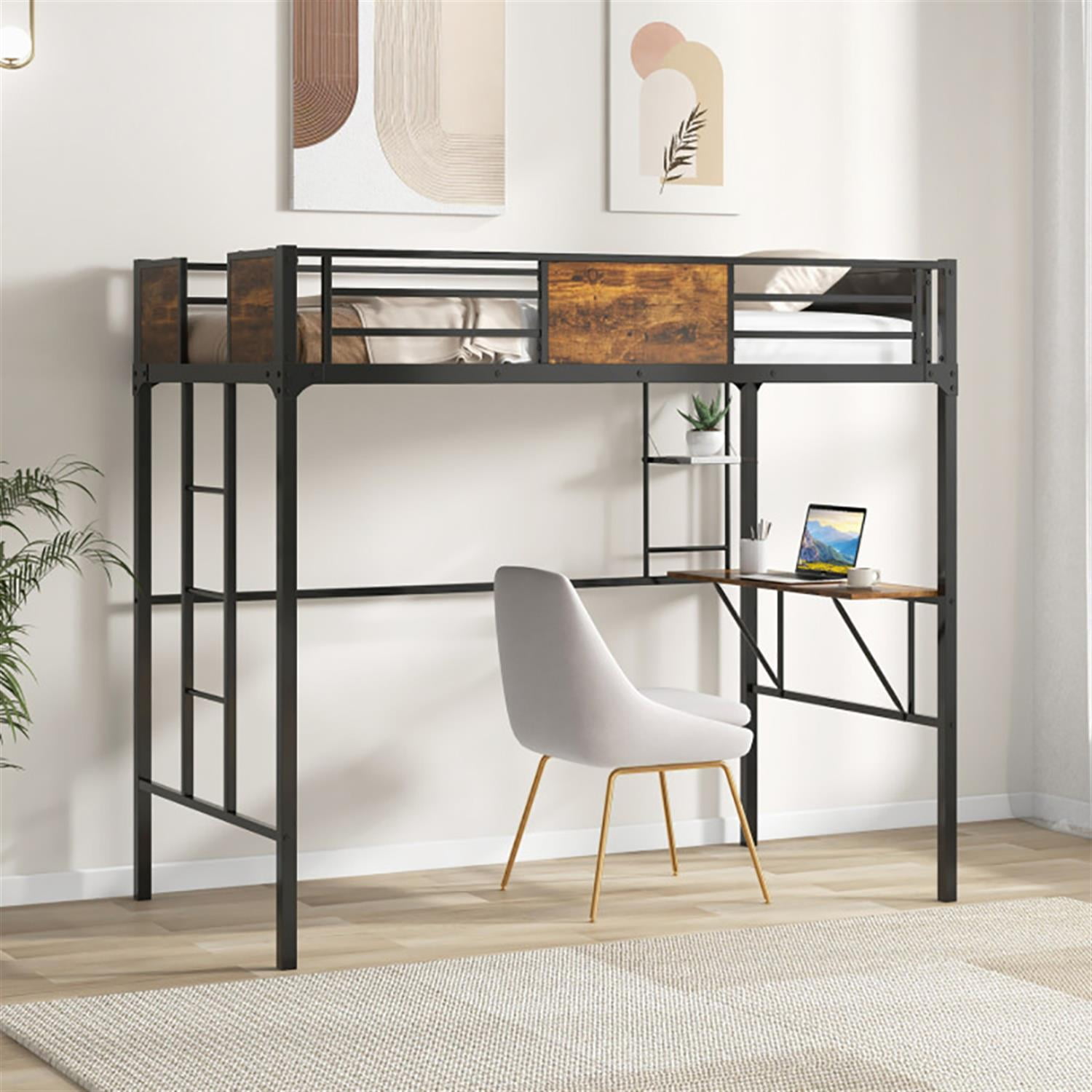 Demi Bonn Twin Size Industrial Metal Loft Bed with Desk Storage Shelf and Build-in Ladder for Teens, Black