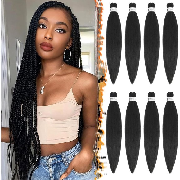 shiyou-Pre stretched Braiding Hair - 26 Inch 8 Packs Black Long Braiding Hair For Twist or Box Braids, Yaki Texture Hot Water Setting Synthetic Crochet Braiding Hair Extensions -2# Natural Black