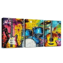 Erosebridal Jazz Drum Guitar Canvas Wall Art for Bedroom, Rock Punk Music Wall Hanging Decor for Living Room