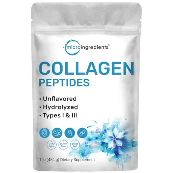 Micro Ingredients Péptidos de colágeno hidrolizado en polvo, 1 libra | Colágeno bovino alimentado con pasto para mujeres y hombres | Tipo I y III Sin sabor | Fácil mezcla de nutrientes vitales para ca