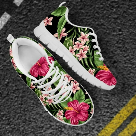 

WHEREISART Tropical Plant Red Hibiscus Fashion Women s Shoes Casual Sneakers Autumn Female Lace-up Mesh Walking Shoes for