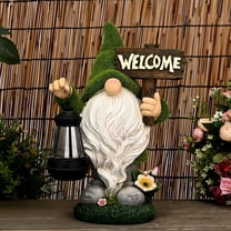 Garden Gnome Statue Outdoor Decor Large Flocked Resin Gnome Figurine with Solar Light Holding Lantern Welcome Sign Garden Yard Decorations Dwarf Sculpture for Outside Patio Porch Lawn Decor.