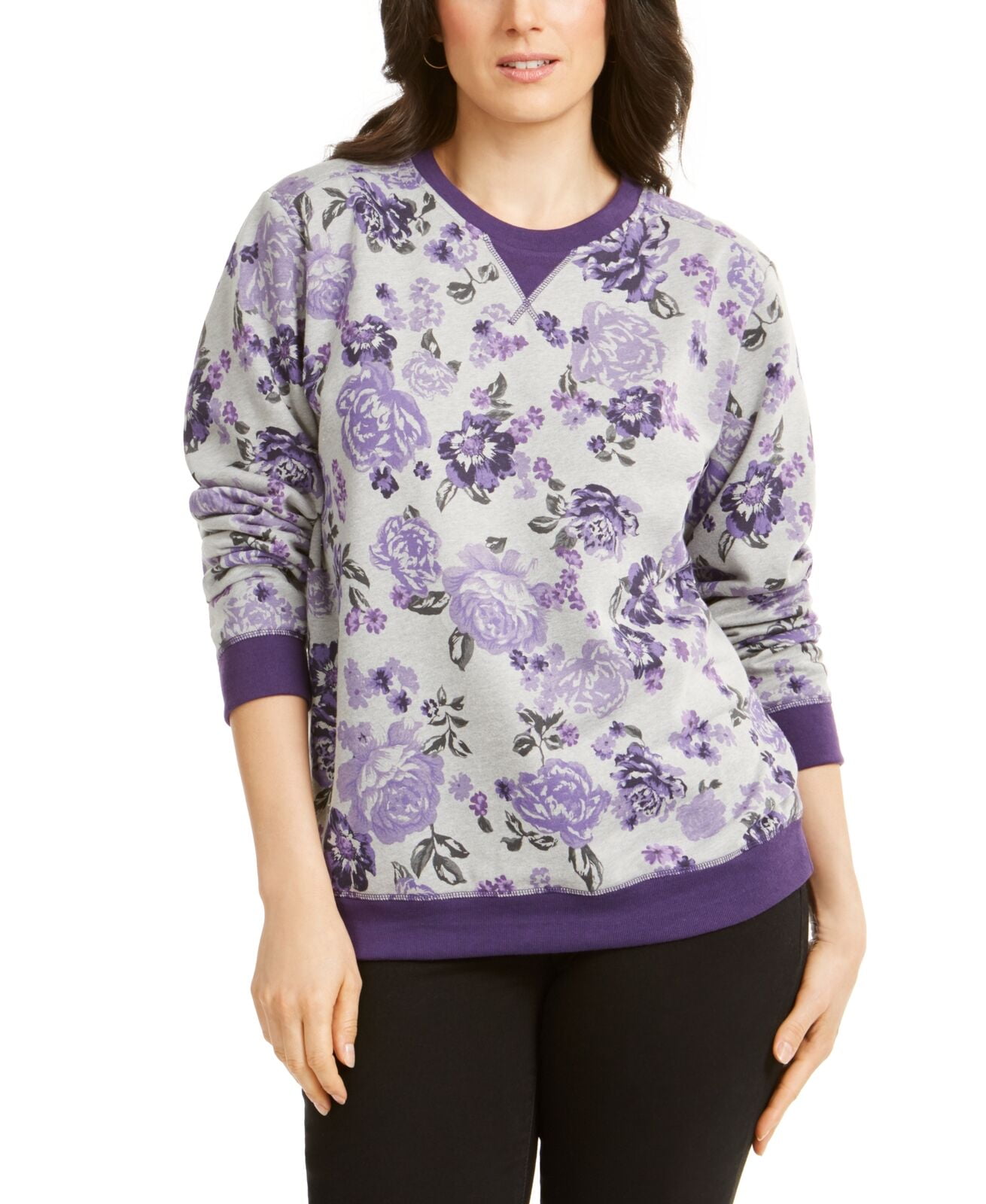 Karen Scott Women's Cotton Blend Fleece FloralPrint Sweatshirt, Gray