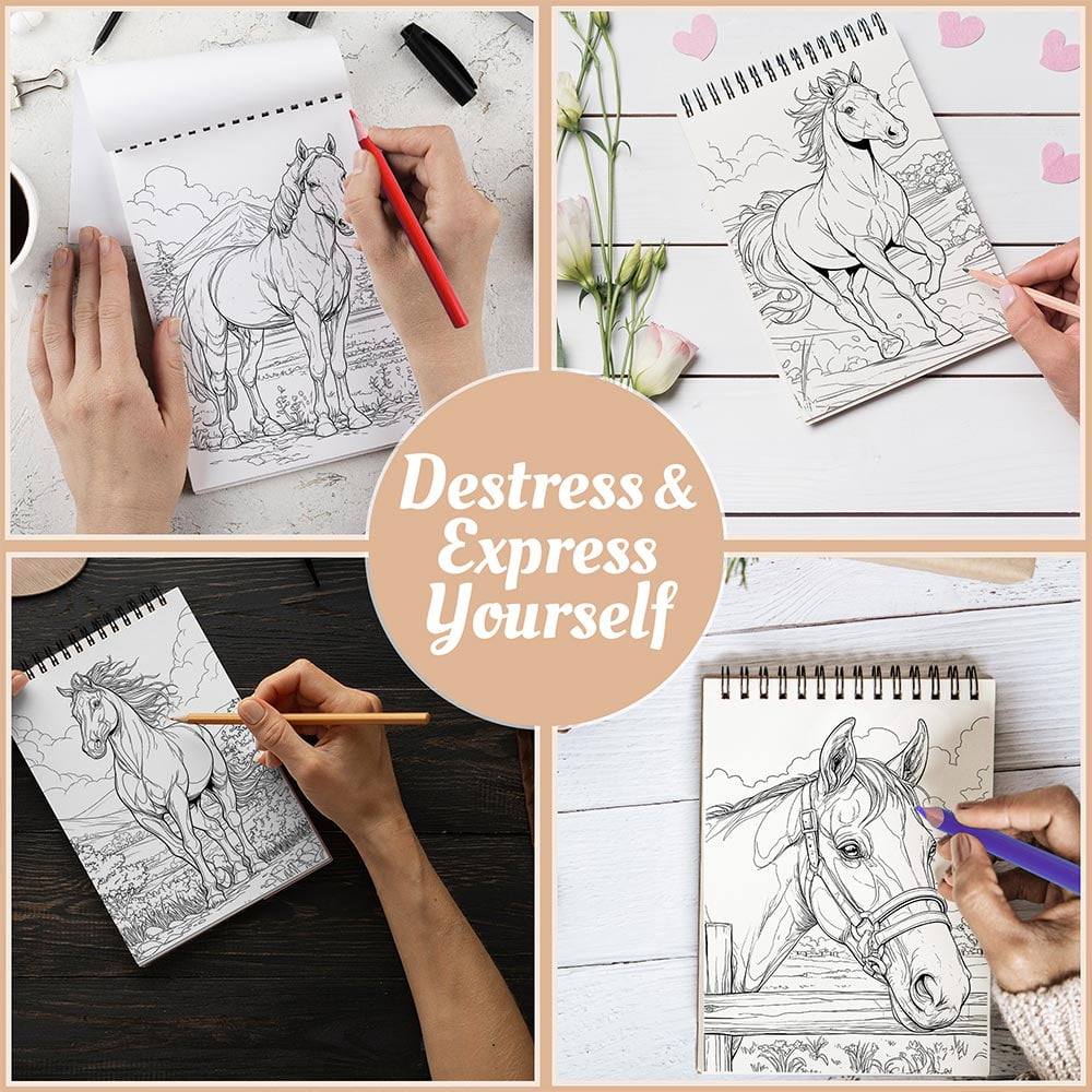 Netecom Horse Coloring Book Spiral Bound For Adults, A5 Wooden Cover, 30 Majestic Coloring Pages of Horses in Nature for Stress Relief and Relaxation