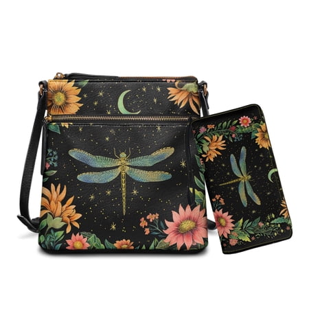 LedBack Dragonfly Sunflower Leather Crossbody Satchel Bags with Wallet for Women Lady Sling Messenger Purse Multi Pocket Shoulder Bag with Adjustable Strap Black
