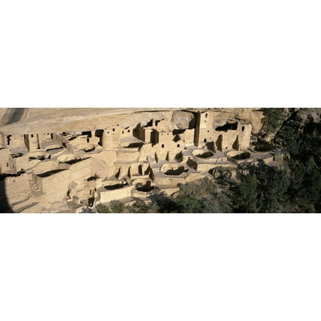 Panoramic view of Cliff Palace cliff dwelling Indian ruin the largest in North America Mesa Verde National Park Southwestern Colorado Stretched Canvas - Panoramic Images (27 x