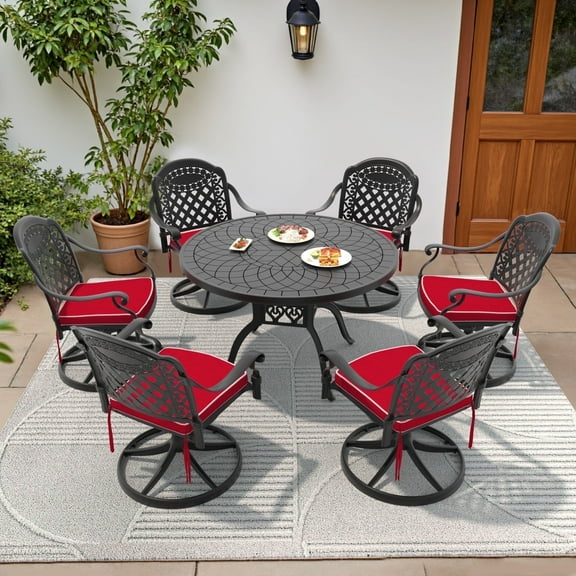 Hzzkey 7-Piece Outdoor Cast Aluminum Patio Dining Set with Round Table, 6 Swivel Chairs, Red Cushions