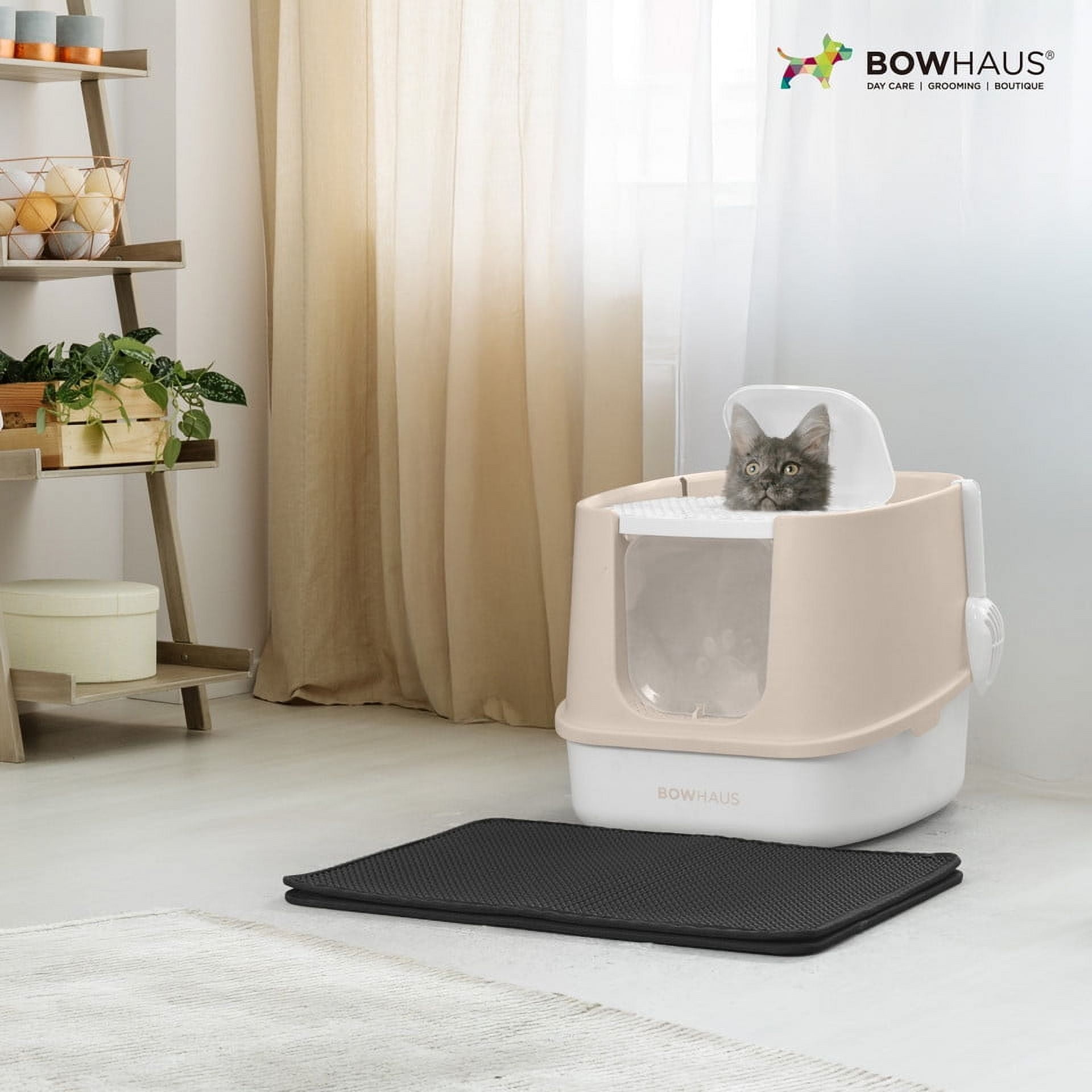 CAPHAUS Fully Enclosed Cat Litter Box with Double Door, Large Space Anti-Splashing Cat Toilet with Scoop, Cat Mat & Odor Fitter, Plastic Cat Litter Box w/ Lid, Lockable Front Door, Beige