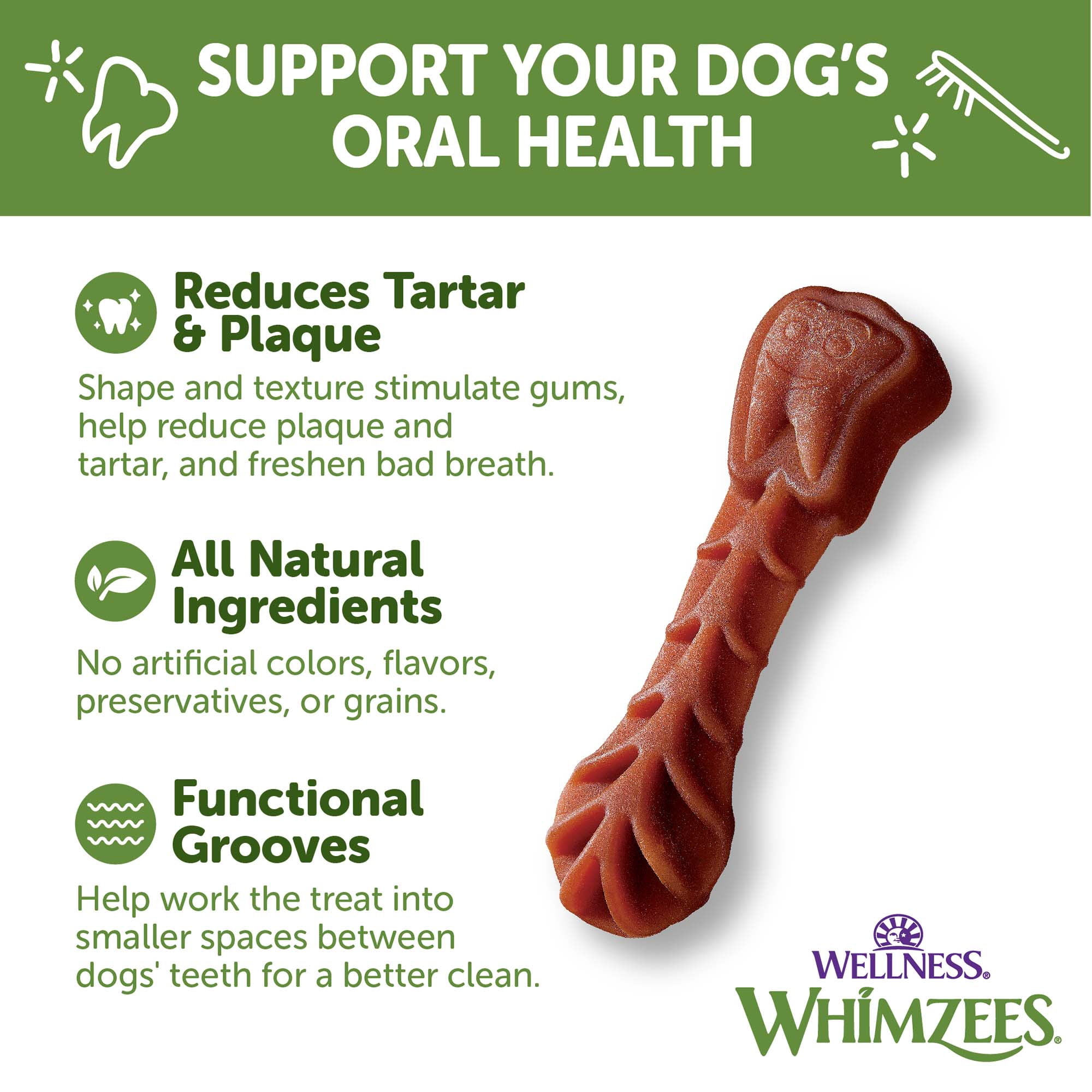 (4 pack) Wellness WHIMZEES Daily Brushzees Natural Dog Dental Treat, VOHC Accepted Chews, Freshens Breath, Extra-Small Size, 7.4 oz Bag, 28 Count