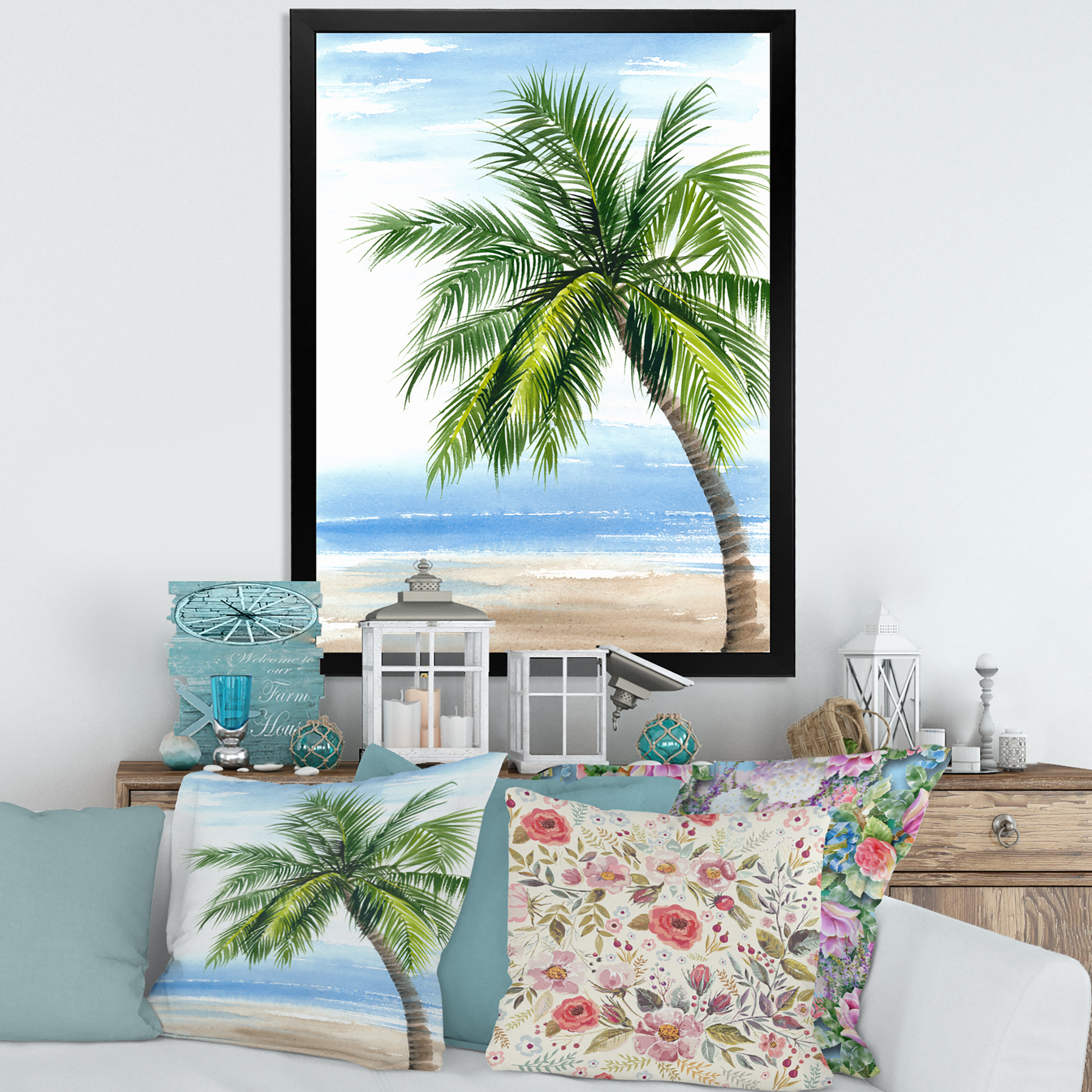 Designart 'Palm Tree At The Beach' Nautical & Coastal Framed Art Print