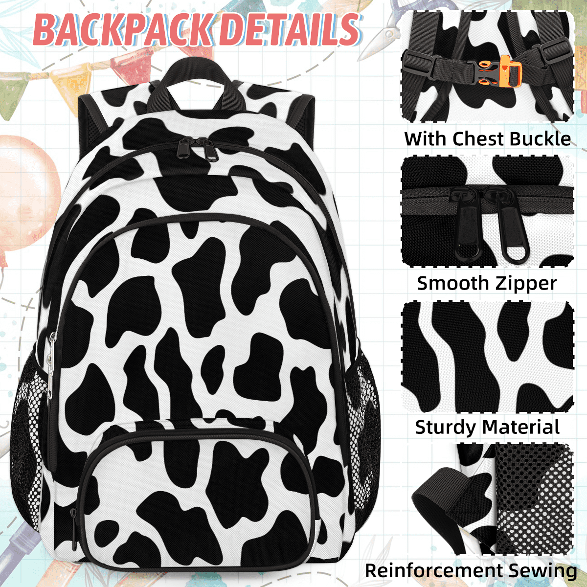 Herdesigns Black White Backpack with Lunch Box Fun Cow Print Farm Animal Lightweight Large Travel Work Laptop Backpacks Set Casual Daypacks